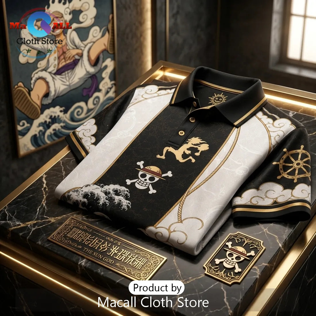 One Piece Luffy Nika Black Gold Polo Shirt