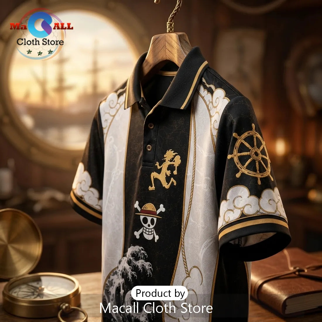 One Piece Luffy Nika Black Gold Polo Shirt