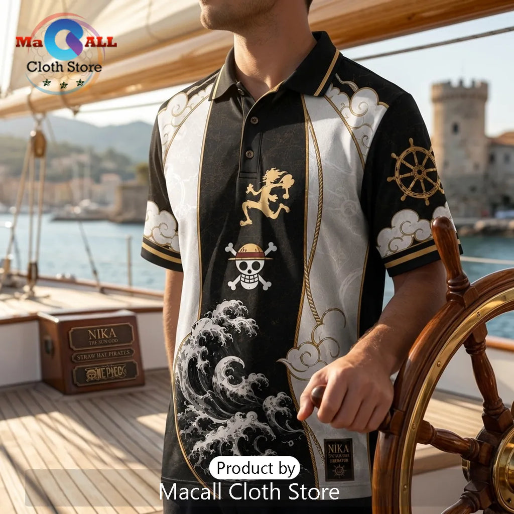 One Piece Luffy Nika Black Gold Polo Shirt