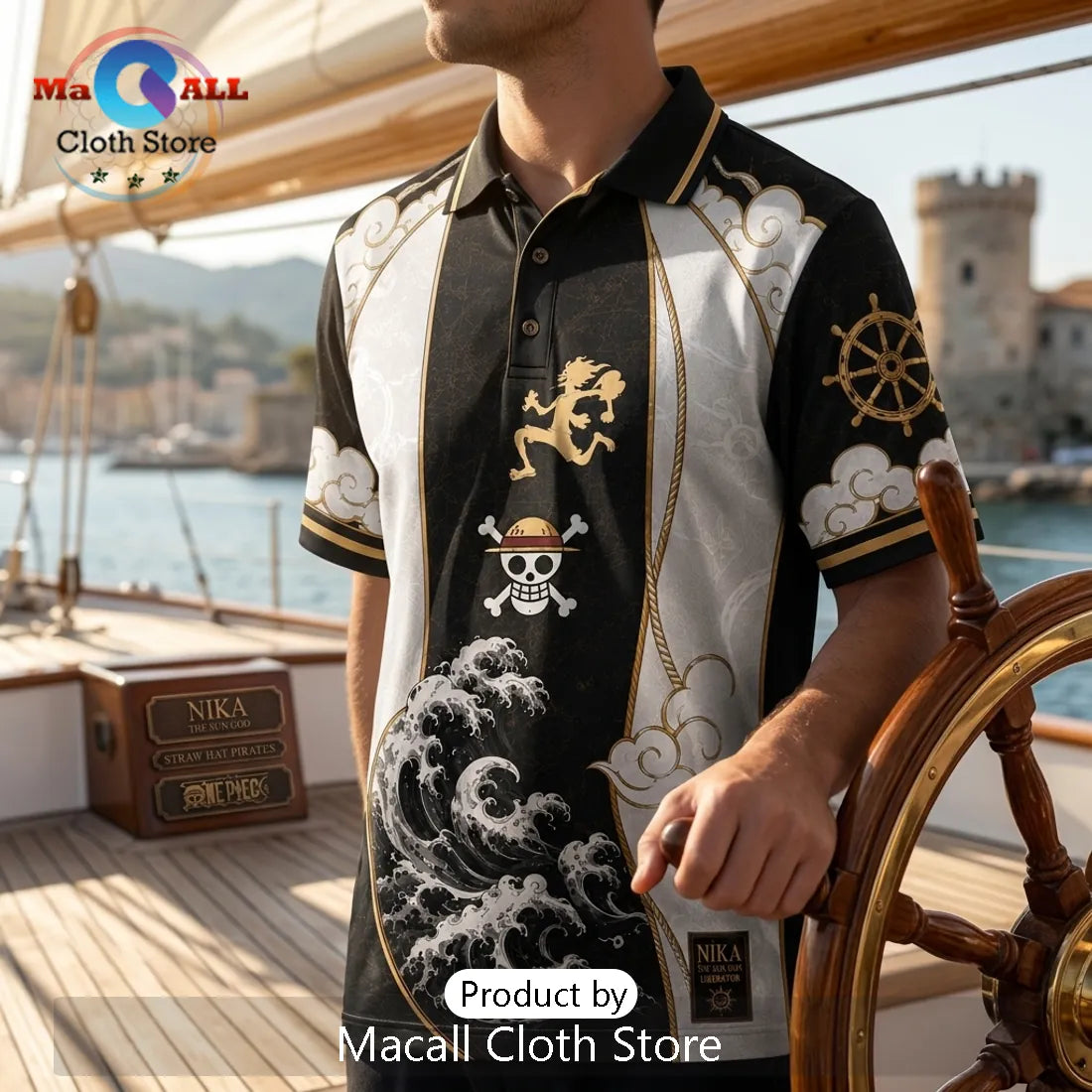 One Piece Luffy Nika Black Gold Polo Shirt