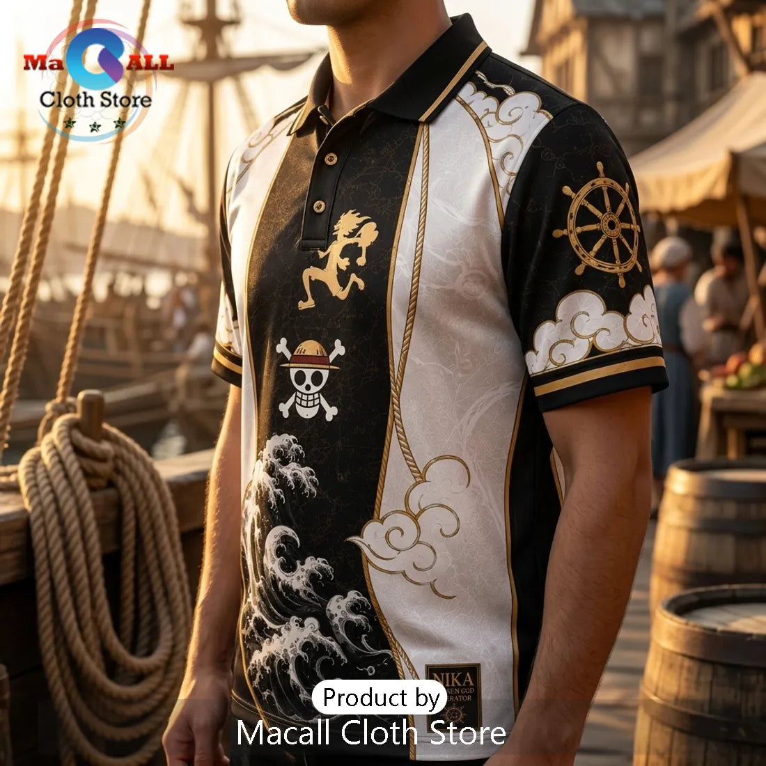 One Piece Luffy Nika Black Gold Polo Shirt