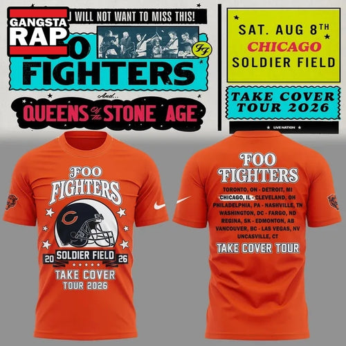 Orange Shirt Foo Fighters x Chicago Bears, Take Cover Tour 2026 T Shirt , Music Trend Shirt
