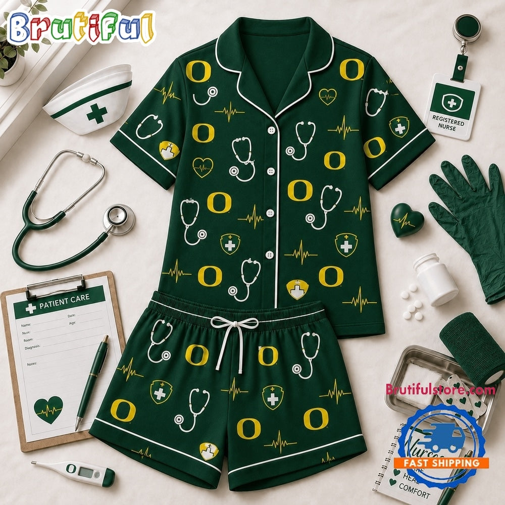 Oregon Ducks NCAA Heartbeats & Home Teams Short Sleeve Pajamas Set