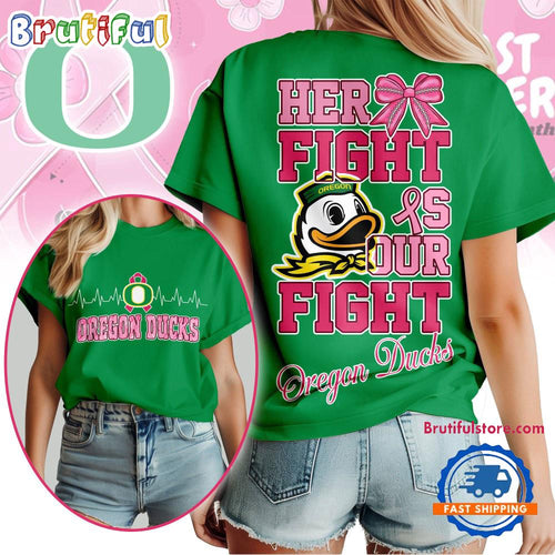Oregon Ducks NCAA Her Fight Is Our Fight Breast Cancer Unisex 3D Shirt