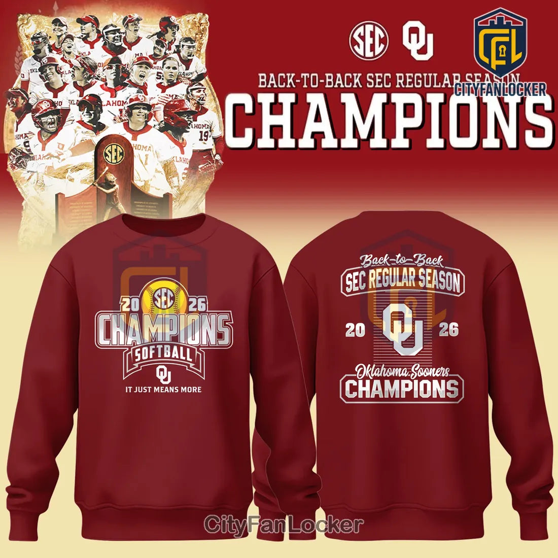 OU Oklahoma Sooners Back-to-Back SEC Softball 2026 Hoodie