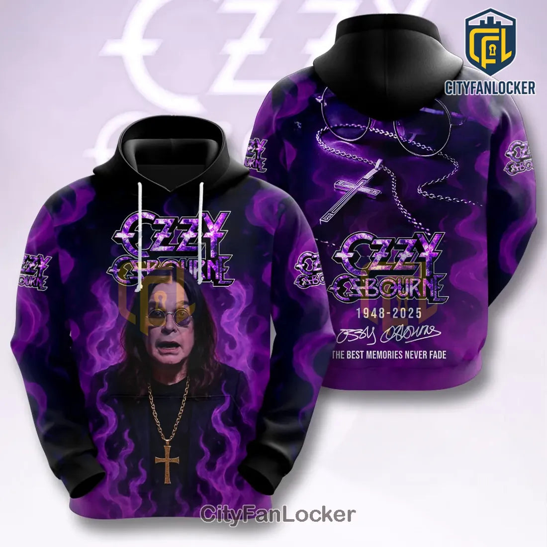 Ozzy Osbourne Tribute 1948-2025 Purple Flame Signature T-Shirt