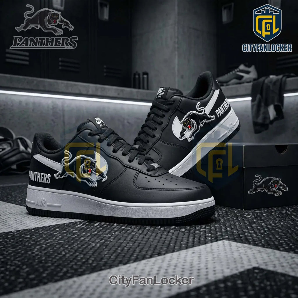 Panthers Nike Air Force 1 Custom Black White Fan Edition Sneakers
