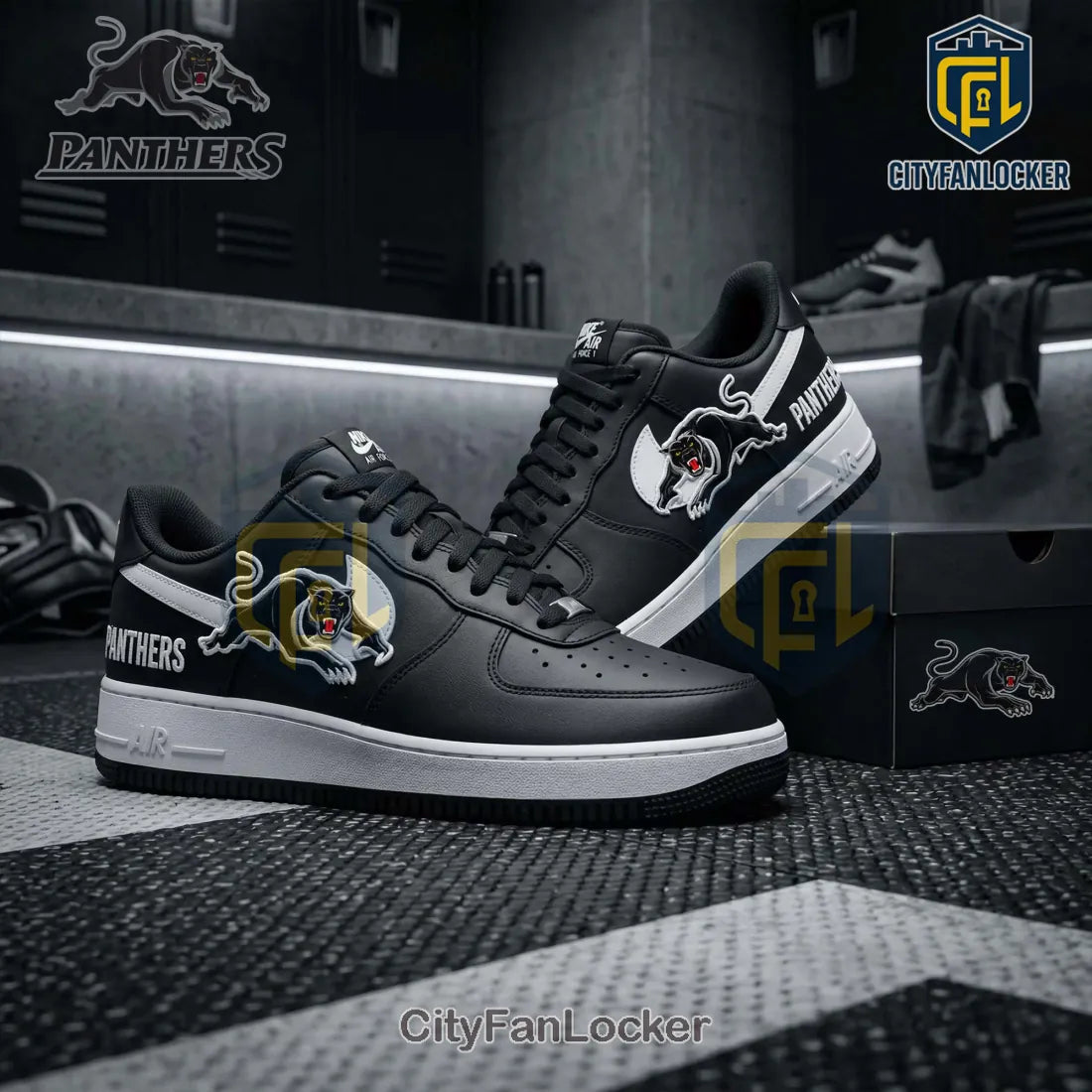 Panthers Nike Air Force 1 Custom Black White Fan Edition Sneakers