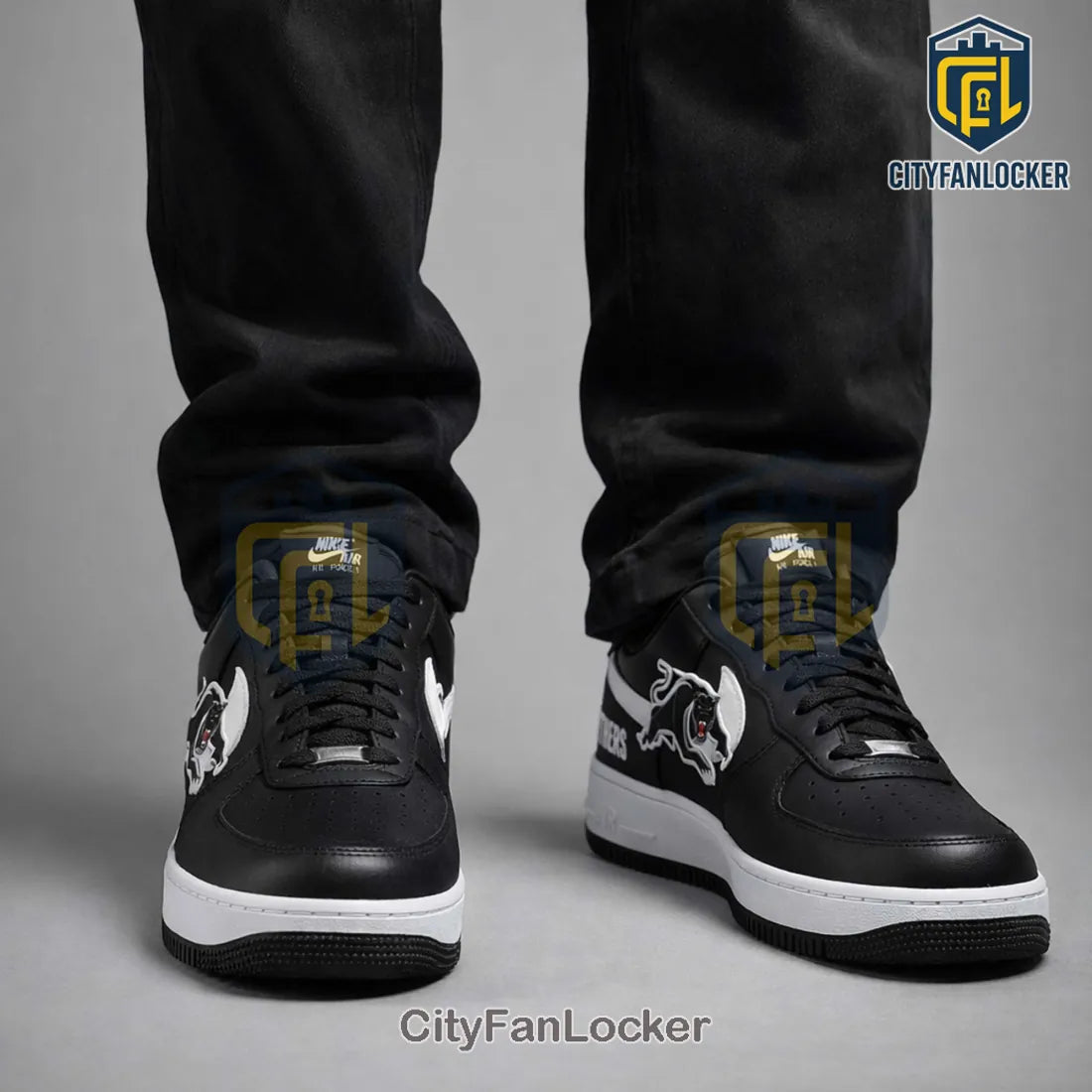 Panthers Nike Air Force 1 Custom Black White Fan Edition Sneakers