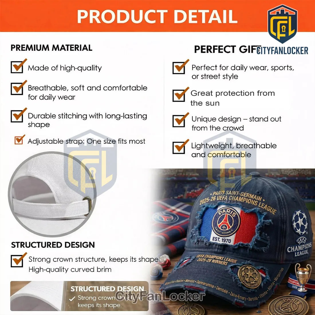 Paris Saint-Germain 2025-26 Champions League Distressed Baseball Cap