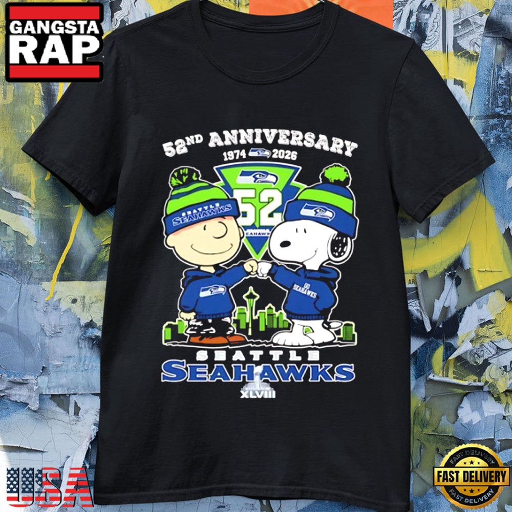 Peanuts x Seattle Seahawks 1974-2026 52nd Anniversary Super Bowl XLVIII T Shirt