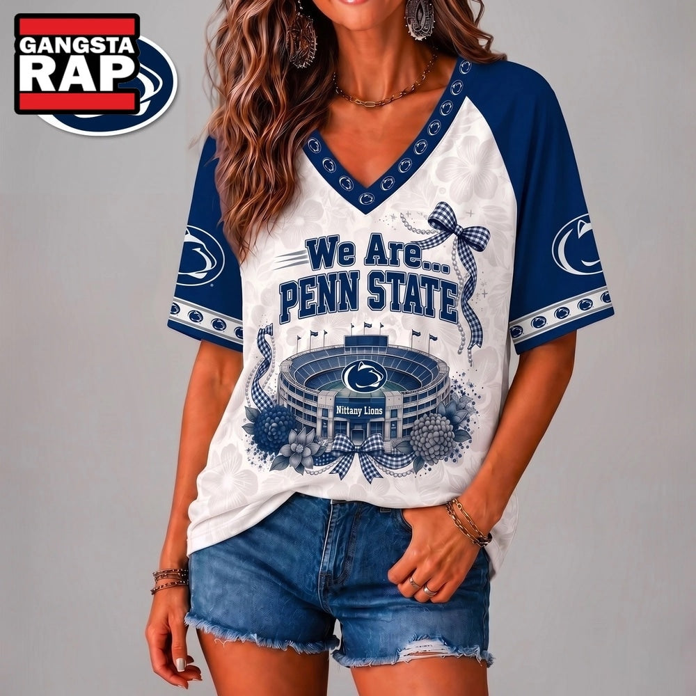 Penn State Nittany Lions NCAA Floral Stadium Bow V Neck 3D T Shirt