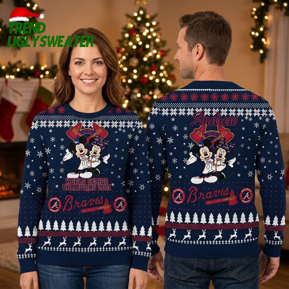 Personalized Atlanta Braves Mickey And Minnie 2021 World Series Champions Ugly Christmas Sweater
