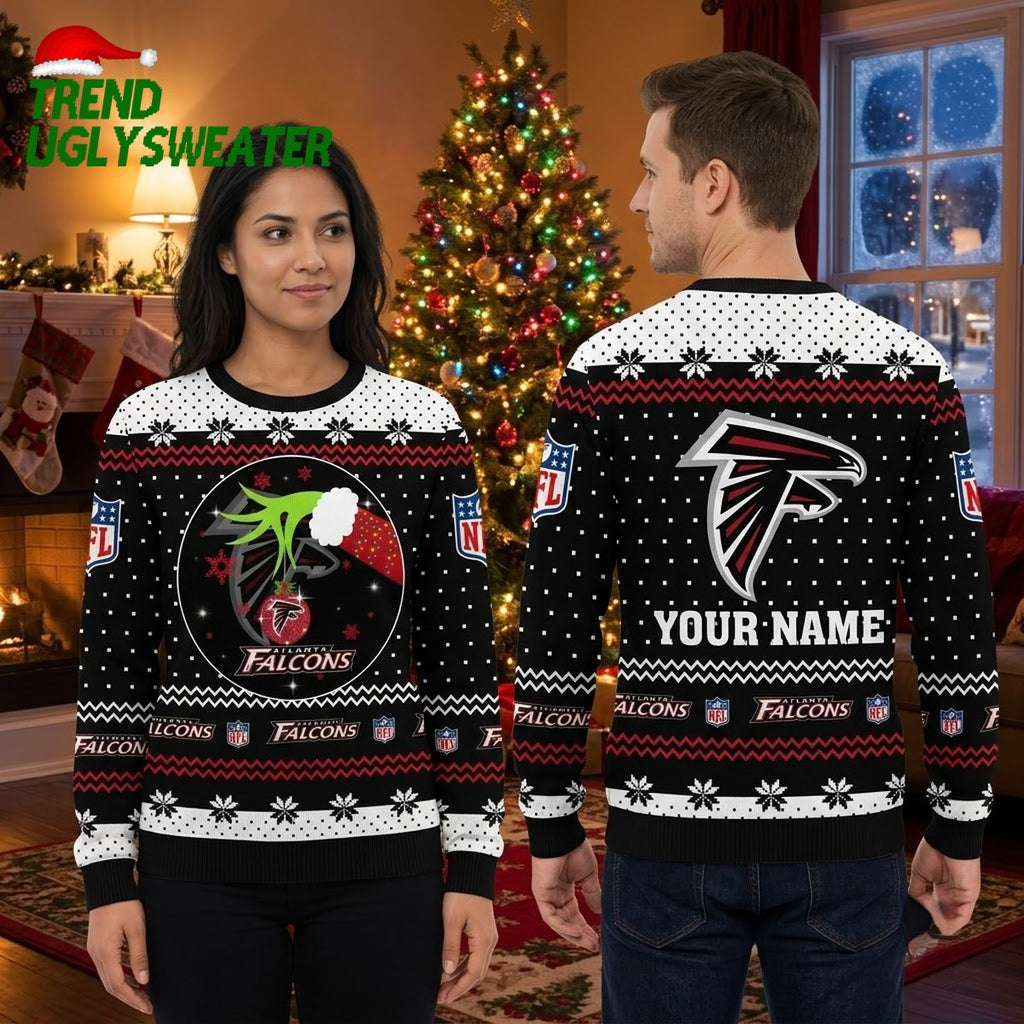 Personalized Atlanta Falcons Grinch Hands Custom Name Ugly Christmas Sweater