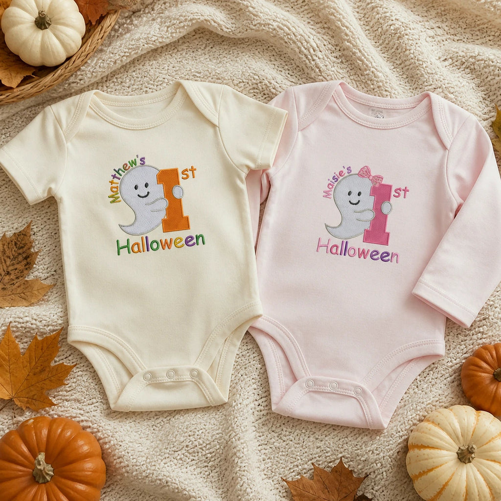 Personalized Baby Bodysuit First Halloween Gift for Grandkids - Embroidered Name with Cute Ghost One-Piece