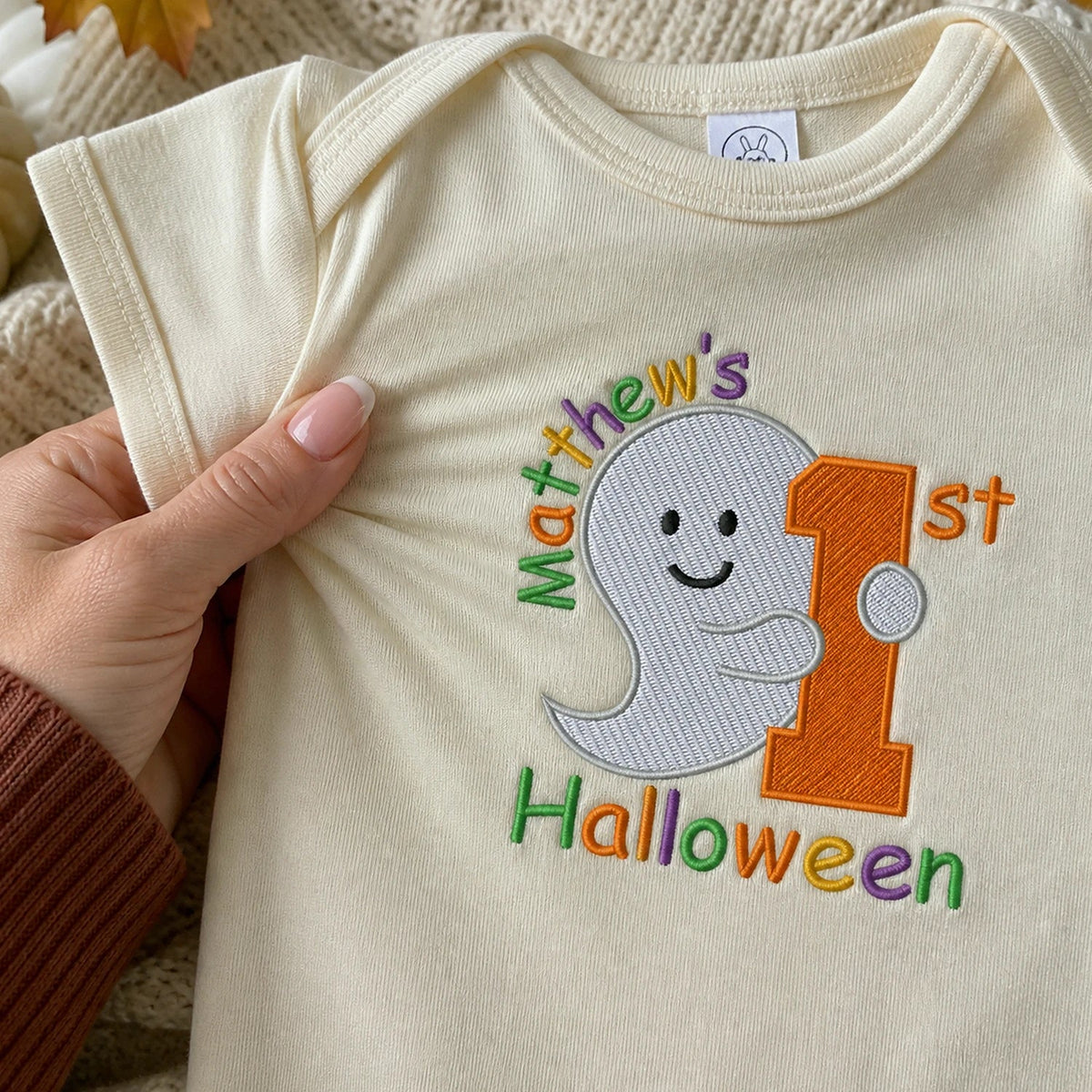 Personalized Baby Bodysuit First Halloween Gift for Grandkids - Embroidered Name with Cute Ghost One-Piece