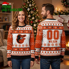 Personalized Baltimore Orioles Bird Mascot Custom Name And Number Red And White Ugly Christmas Sweater