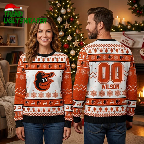 Personalized Baltimore Orioles Bird Mascot Custom Name And Number Red And White Ugly Christmas Sweater