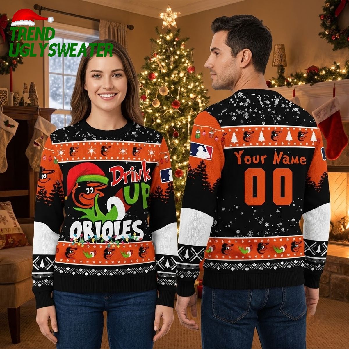 Personalized Baltimore Orioles Drink Up Oriole Bird Custom Name And Number Ugly Christmas Sweater