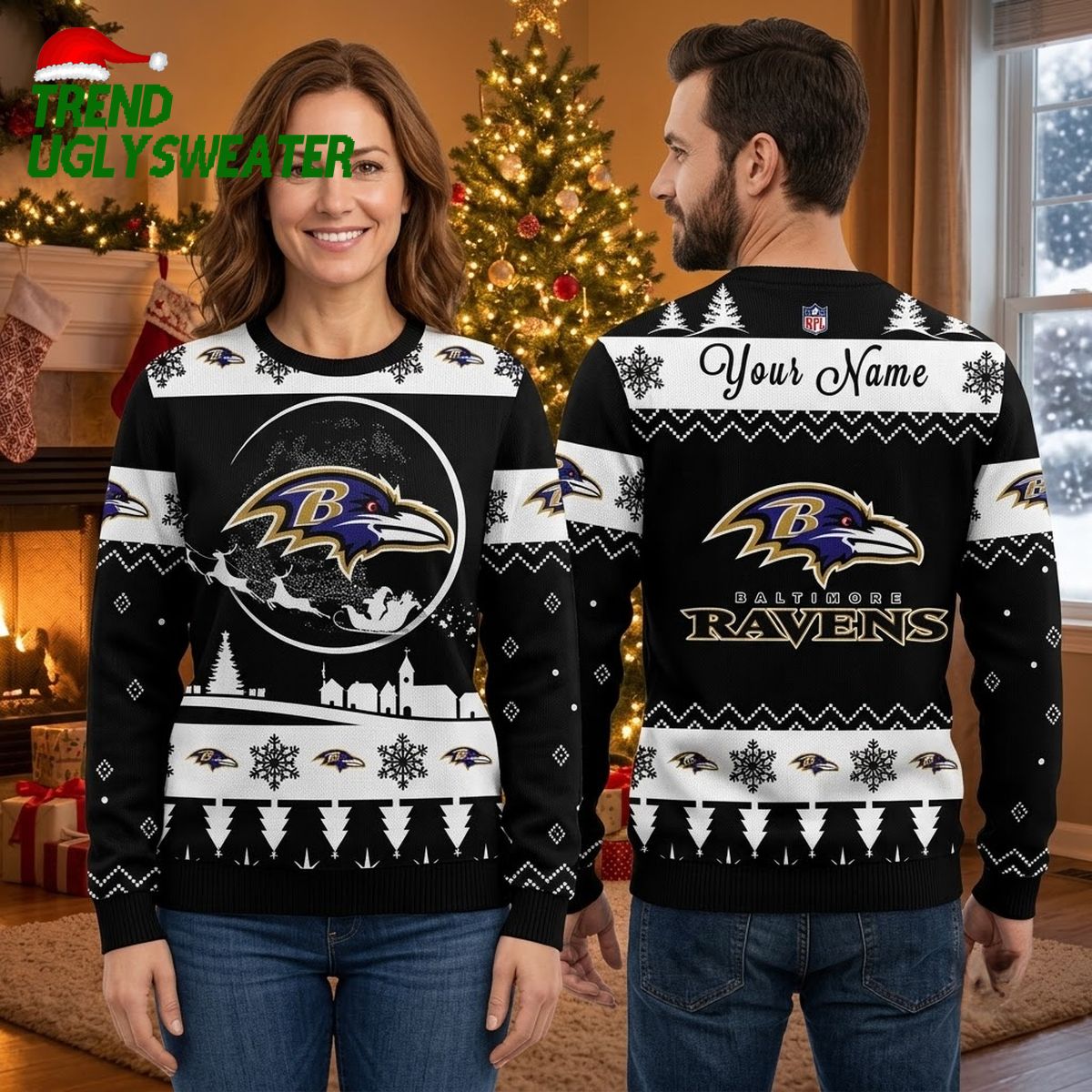 Personalized Baltimore Ravens Snowy Sleigh Logo Custom Name Ugly Christmas Sweater