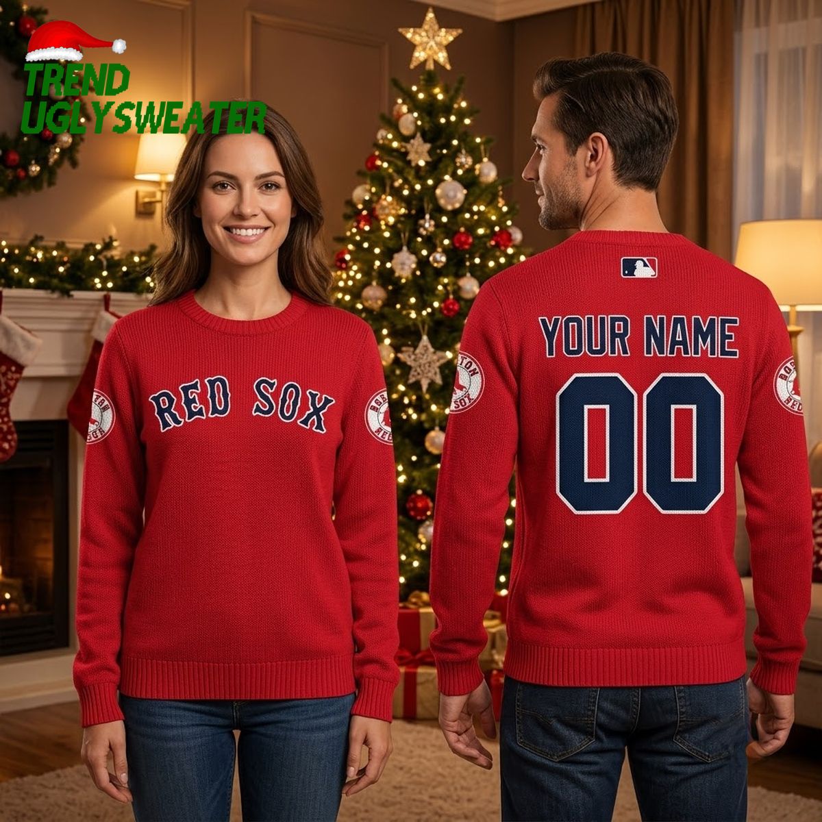 Personalized Boston Red Sox Custom Name And Number Jersey Style Ugly Christmas Sweater