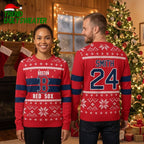 Personalized Boston Red Sox Logo Custom Name And Number Christmas Snowflake Pattern Ugly Christmas Sweater