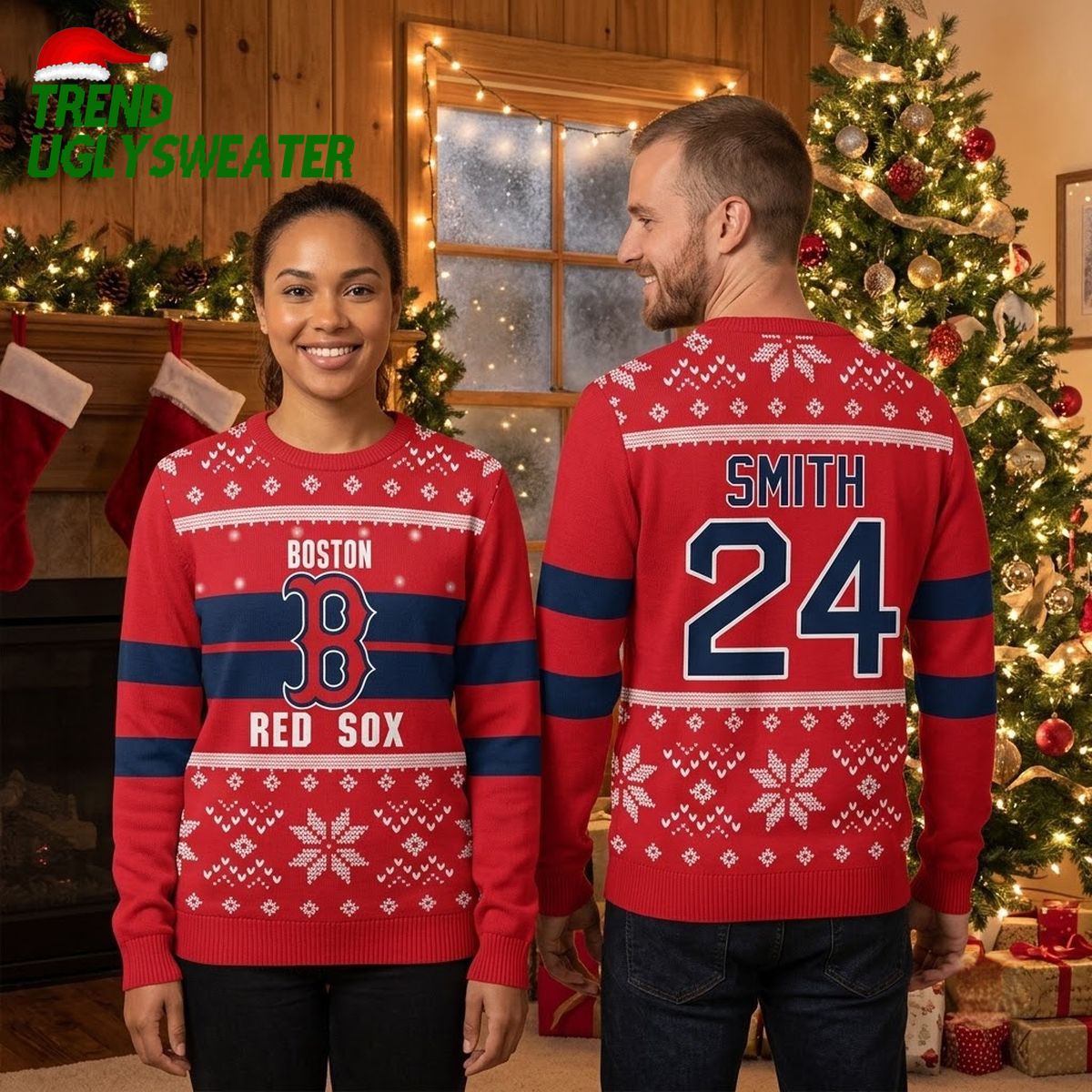 Personalized Boston Red Sox Logo Custom Name And Number Christmas Snowflake Pattern Ugly Christmas Sweater