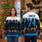 Personalized Carolina Panthers Custom Name And Number Football Helmet Ugly Christmas Sweater