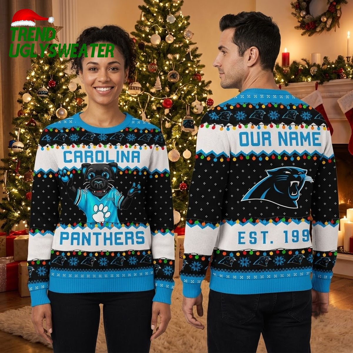 Personalized Carolina Panthers Pug Custom Name Ugly Christmas Sweater