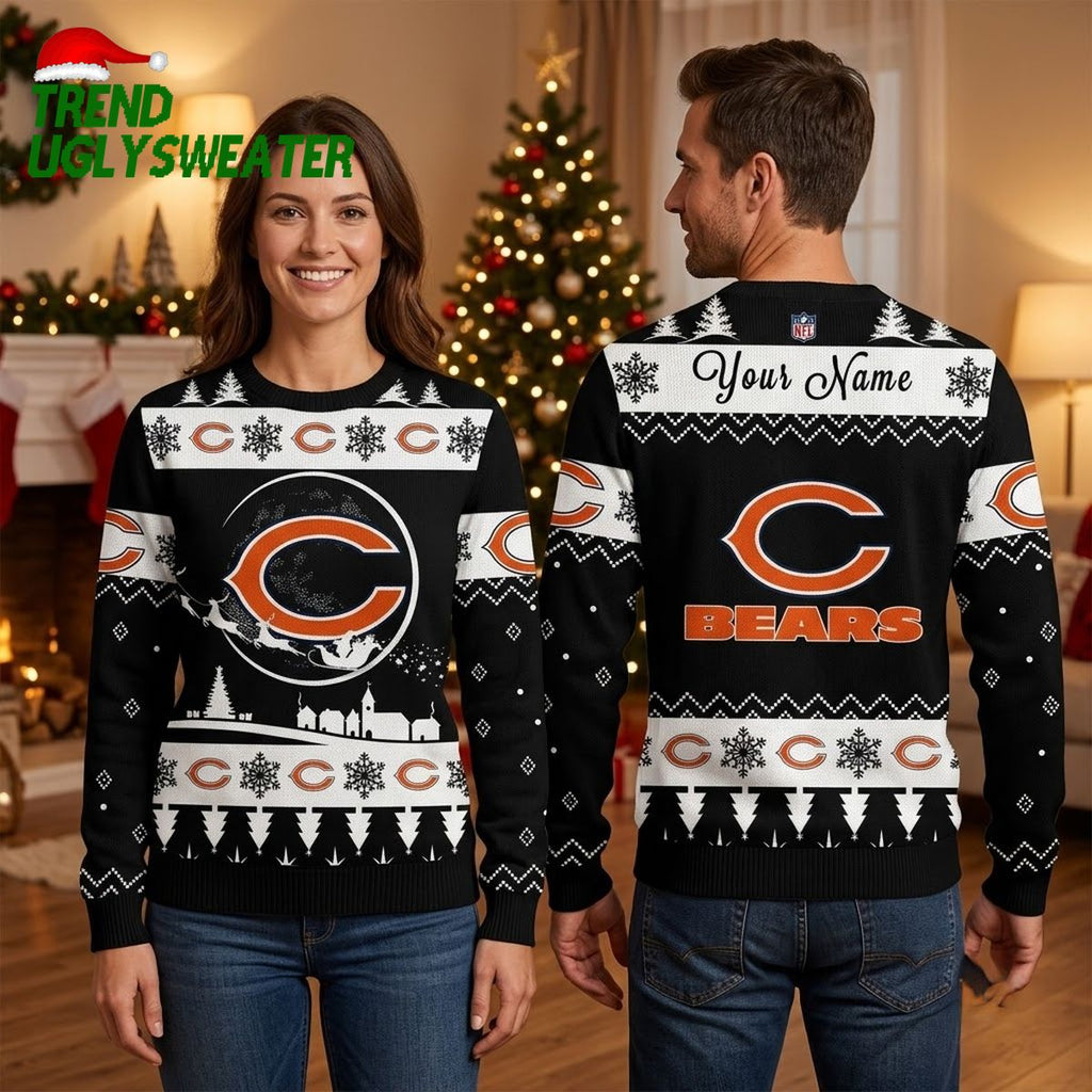 Personalized Chicago Bears Santa Sleigh Custom Name Ugly Christmas Sweater Fan Gift Design