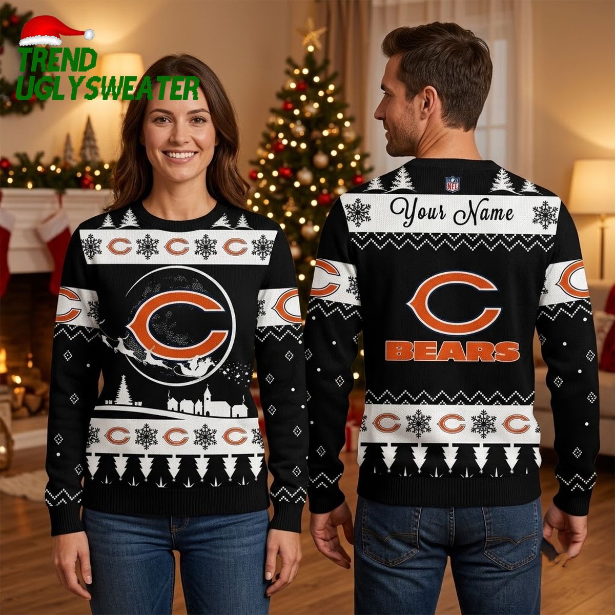 Personalized Chicago Bears Santa Sleigh Custom Name Ugly Christmas Sweater Fan Gift Design