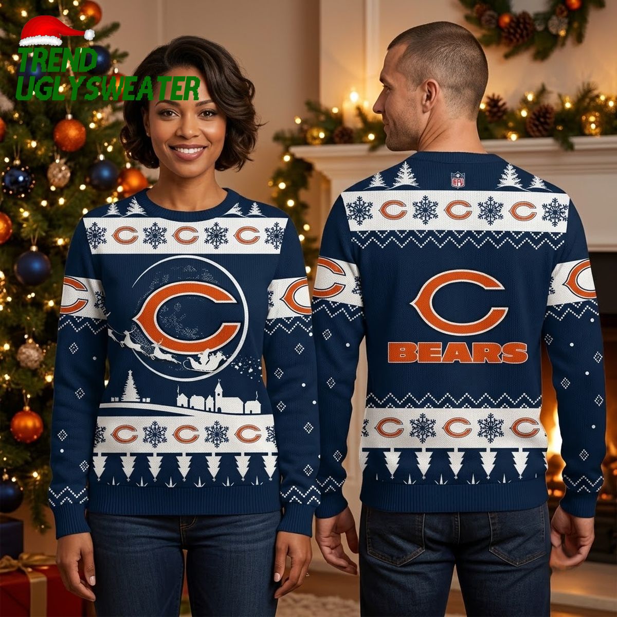 Personalized Chicago Bears Santa Sleigh Custom Name Ugly Christmas Sweater Game Day Gift