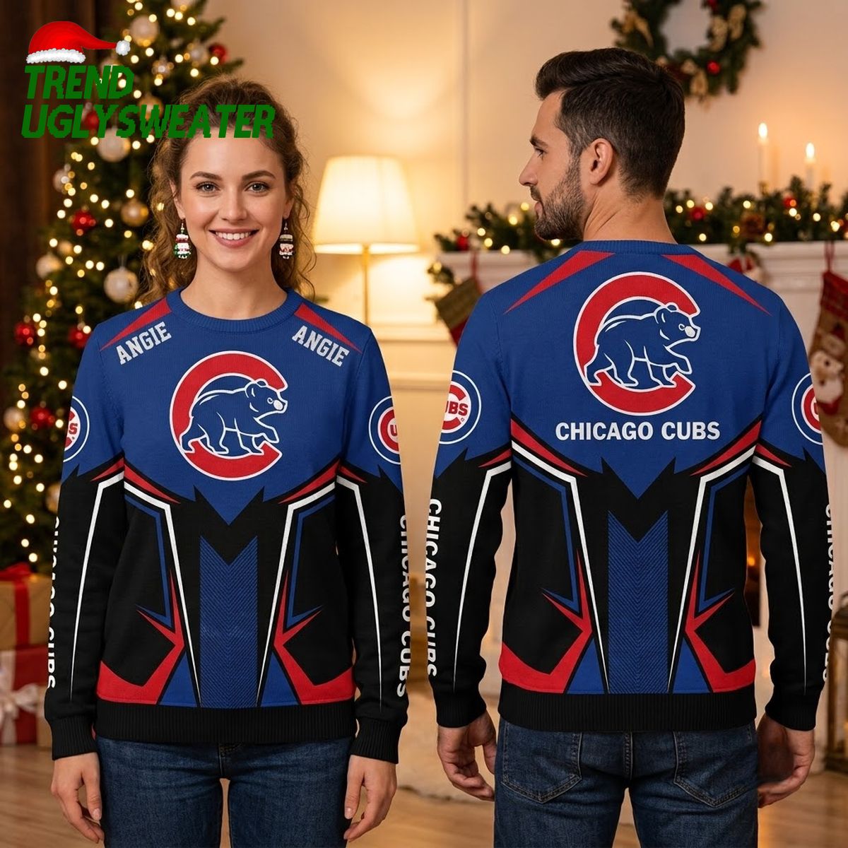 Personalized Chicago Cubs Bear Logo Custom Name Ugly Christmas Sweater