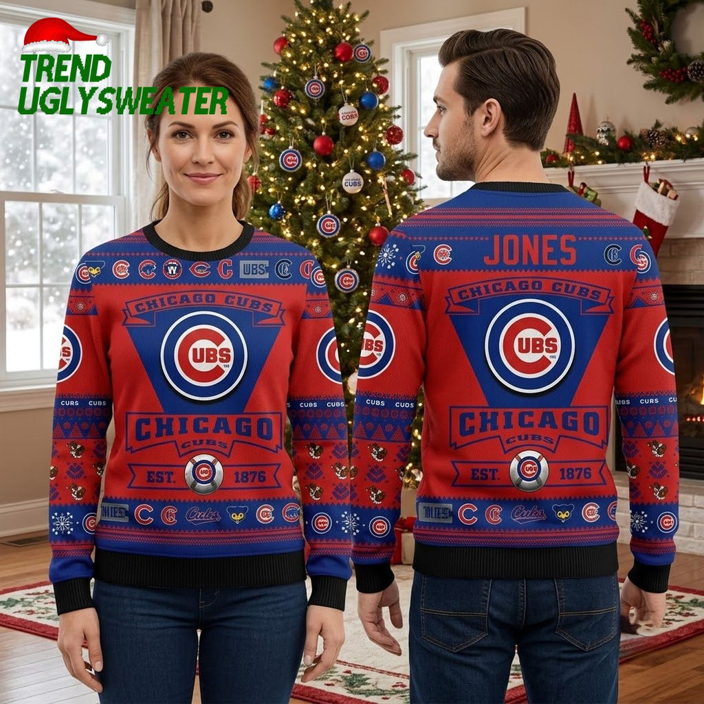 Personalized Chicago Cubs Vintage Logo Custom Name Ugly Christmas Sweater
