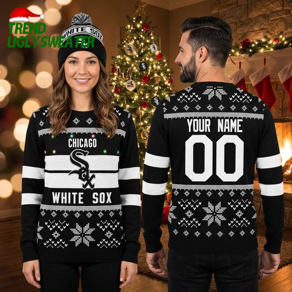 Personalized Chicago White Sox Snowflake Pattern Custom Name And Number Ugly Christmas Sweater
