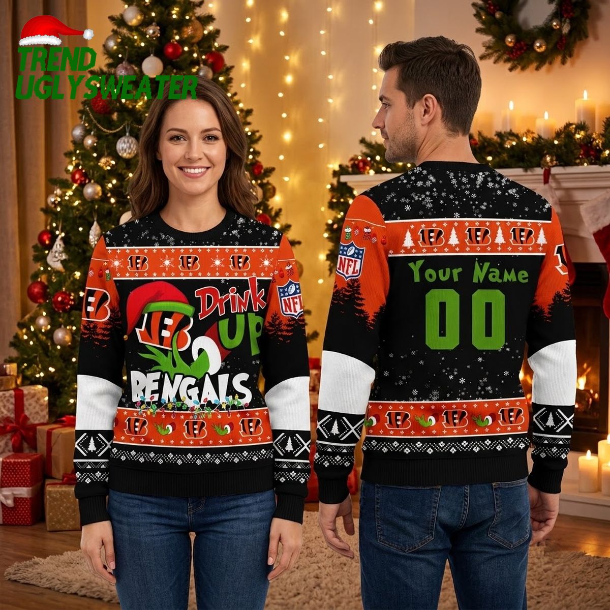 Personalized Cincinnati Bengals Grinch Drink Up Custom Name And Number Ugly Christmas Sweater