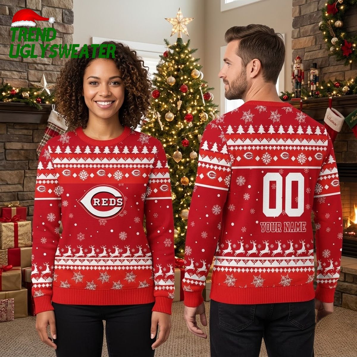 Personalized Cincinnati Reds Snowflake Pattern Custom Name And Number Ugly Christmas Sweater