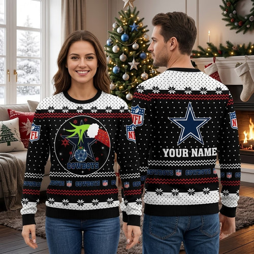 Personalized Dallas Cowboys Grinch Santa Hat Star Custom Name Ugly Christmas Sweater