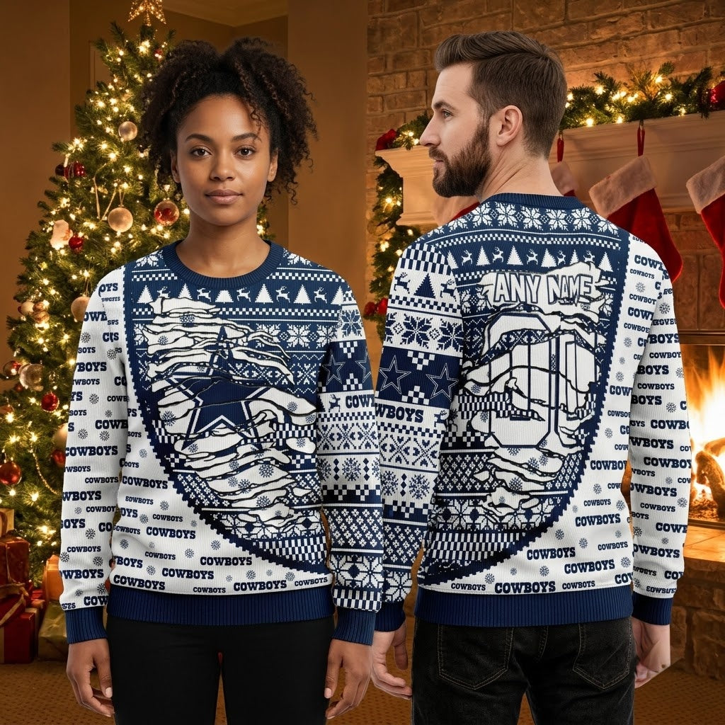 Personalized Dallas Cowboys Santa Skull Custom Name Ugly Christmas Sweater