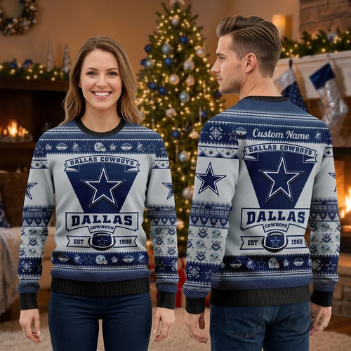 Personalized Dallas Cowboys Star Custom Name Ugly Christmas Sweater Game Day Gift