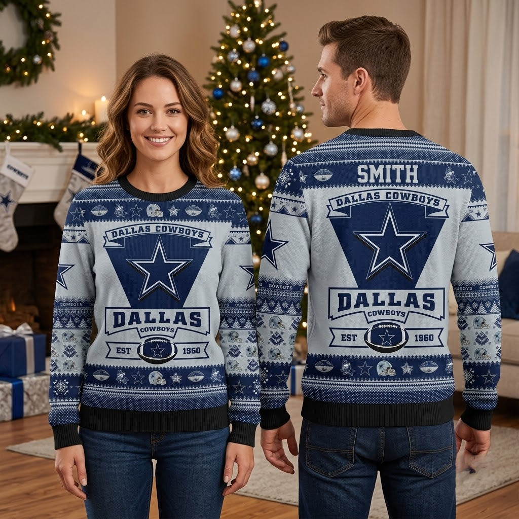 Personalized Dallas Cowboys Star Logo Custom Name Ugly Christmas Sweater