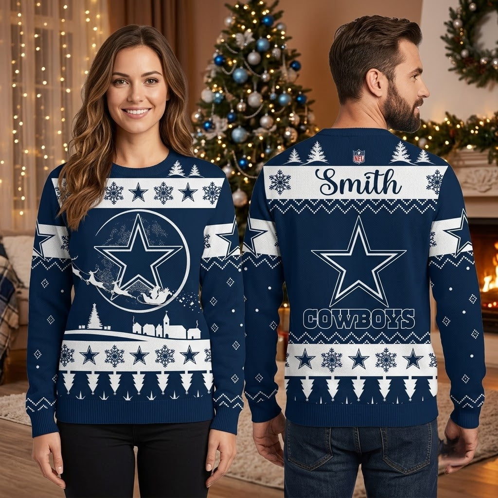 Personalized Dallas Cowboys Star Santa Sleigh Custom Name Ugly Christmas Sweater