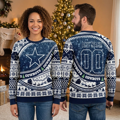 Personalized Dallas Cowboys Star Snowflake Custom Name And Number Ugly Christmas Sweater