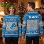 Personalized Detroit Lions Blue Lion Custom Name And Number Ugly Christmas Sweater