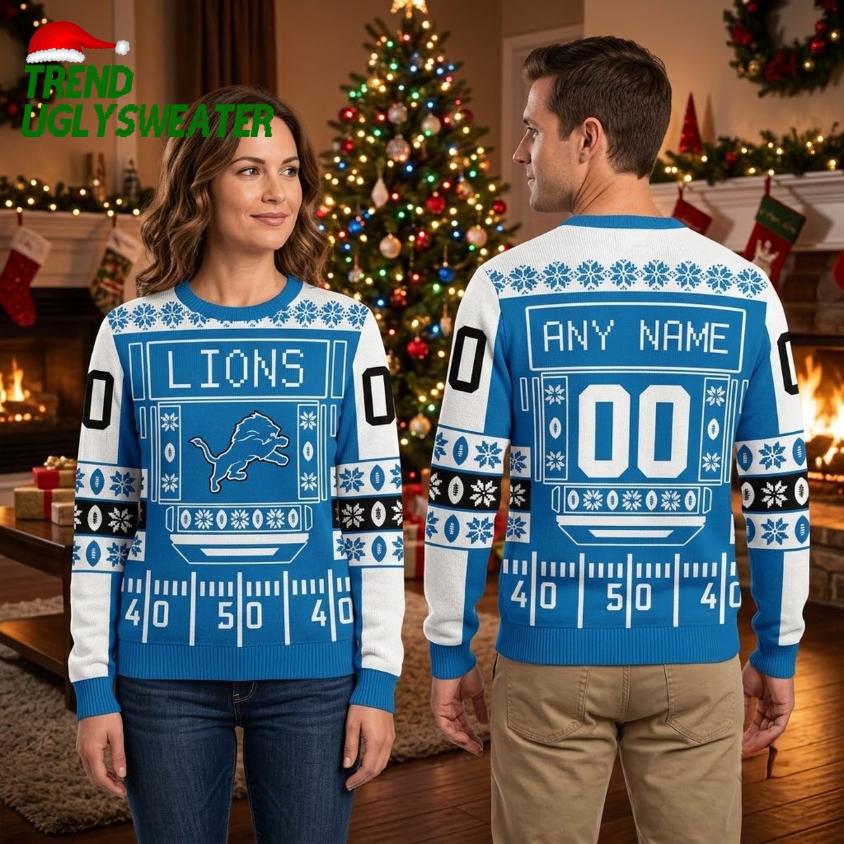 Personalized Detroit Lions Football Field Custom Name And Number Ugly Christmas Sweater