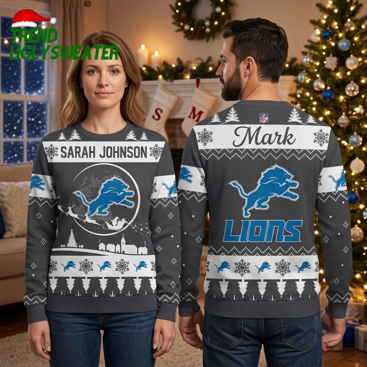Personalized Detroit Lions Leaping Lion Custom Name Ugly Christmas Sweater Game Day Gift