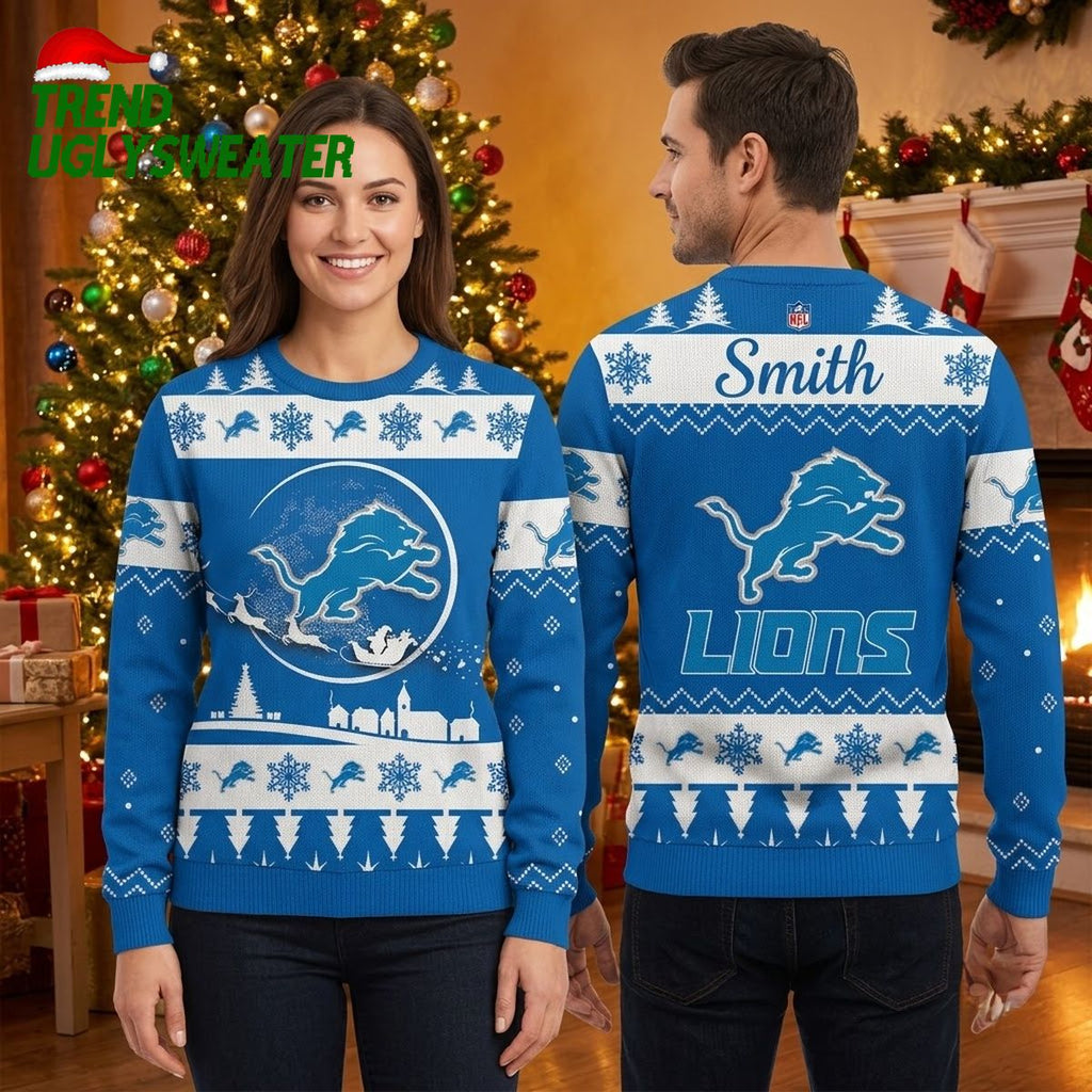 Personalized Detroit Lions Leaping Lion Custom Name Ugly Christmas Sweater