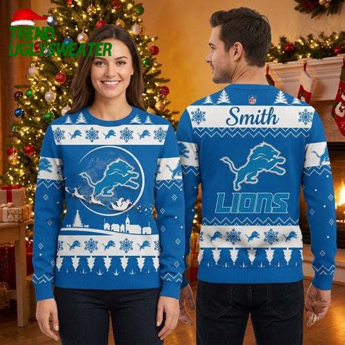 Personalized Detroit Lions Leaping Lion Custom Name Ugly Christmas Sweater
