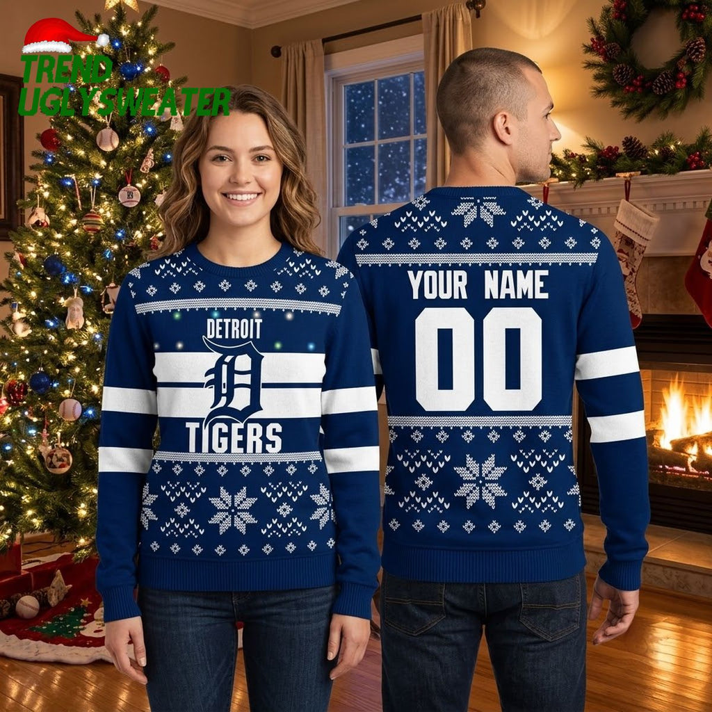 Personalized Detroit Tigers Snowflake Pattern Custom Name And Number Ugly Christmas Sweater