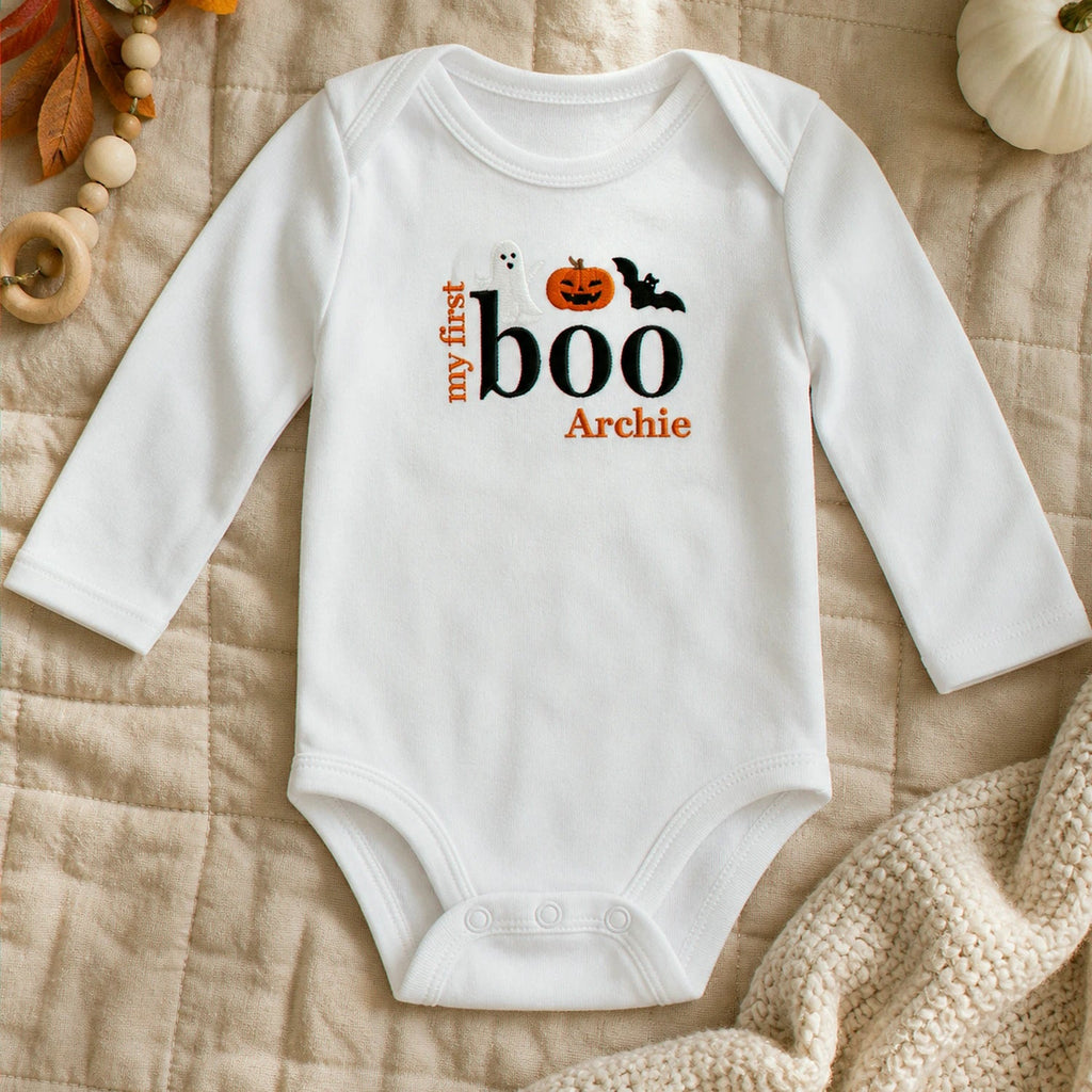 Personalized First Halloween Baby Bodysuit - Embroidered Name with Pumpkin Patch One-Piece, First Fall Season Gift